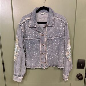 POL Light Blue Pearl-Studded Jean Jacket with Embroidered Sleeves
